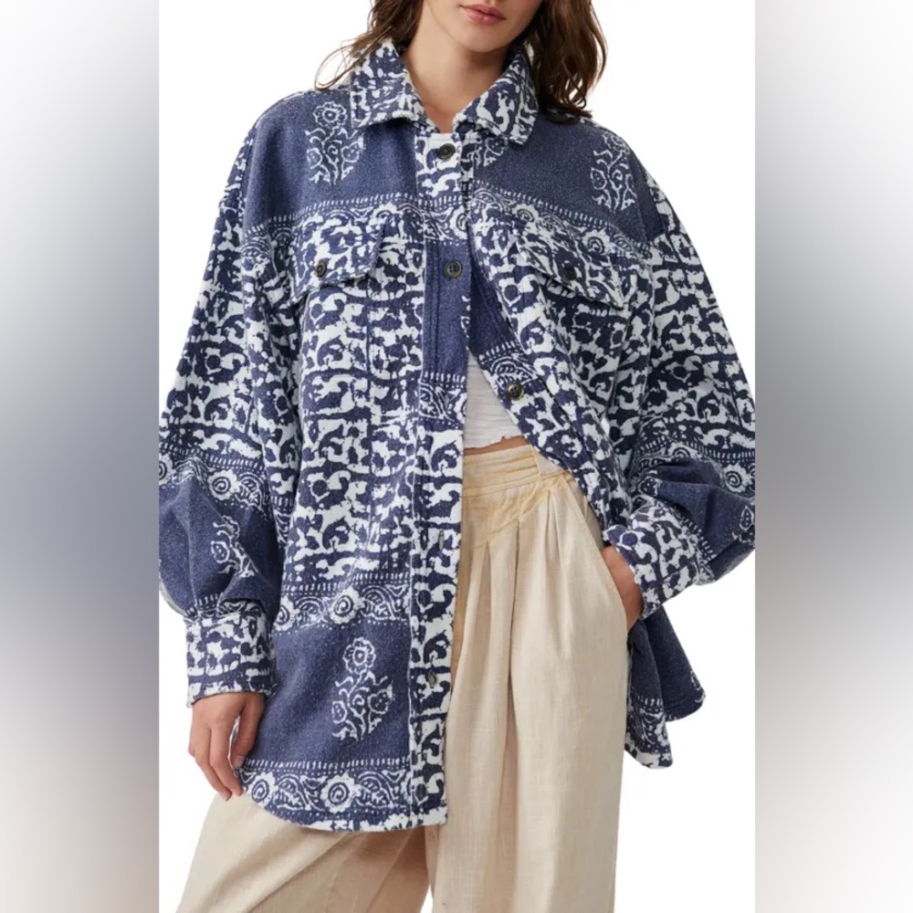 Free People Blue and White Ruby Jacket Shacket Boho Button Down Cotton‎